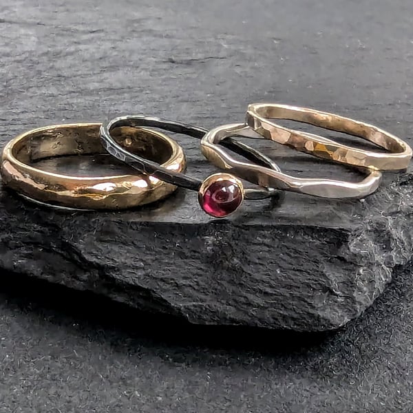 Gold and Sterling Silver stacking rings, Handmade Urban design Jewellery