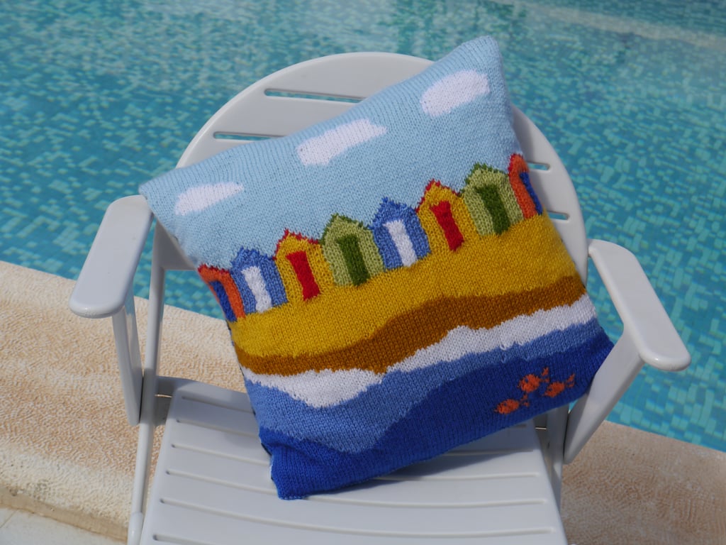 Knitting Pattern for Beach Huts Cushion.  Digital Pattern