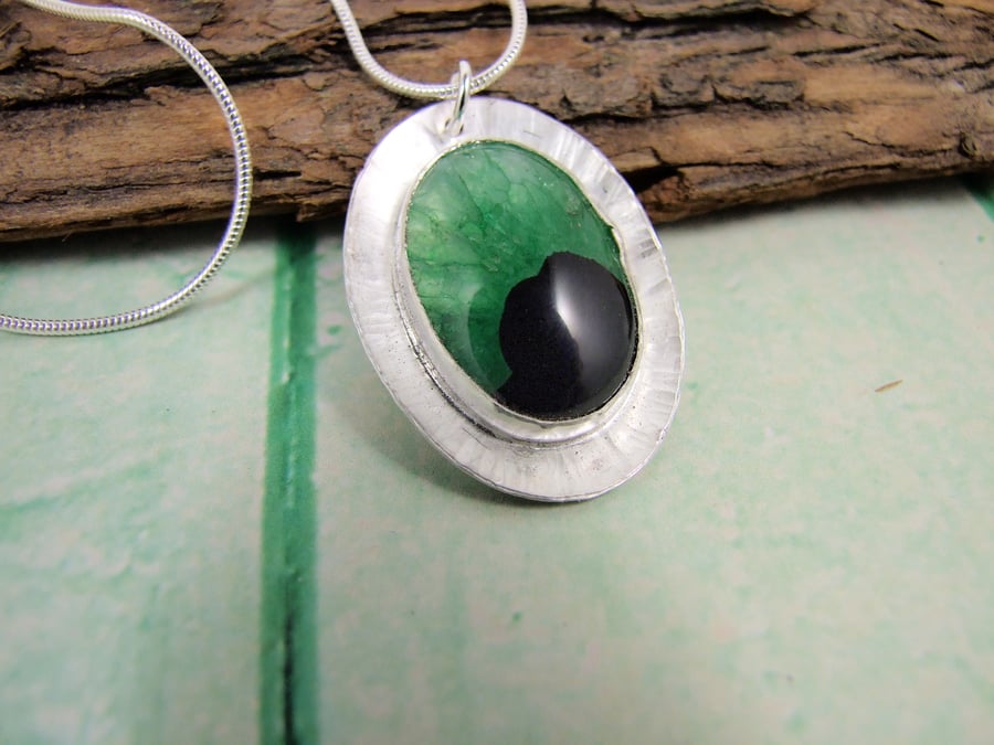 Green and Black Agate Pendant. Sterling Silver Oval Setting