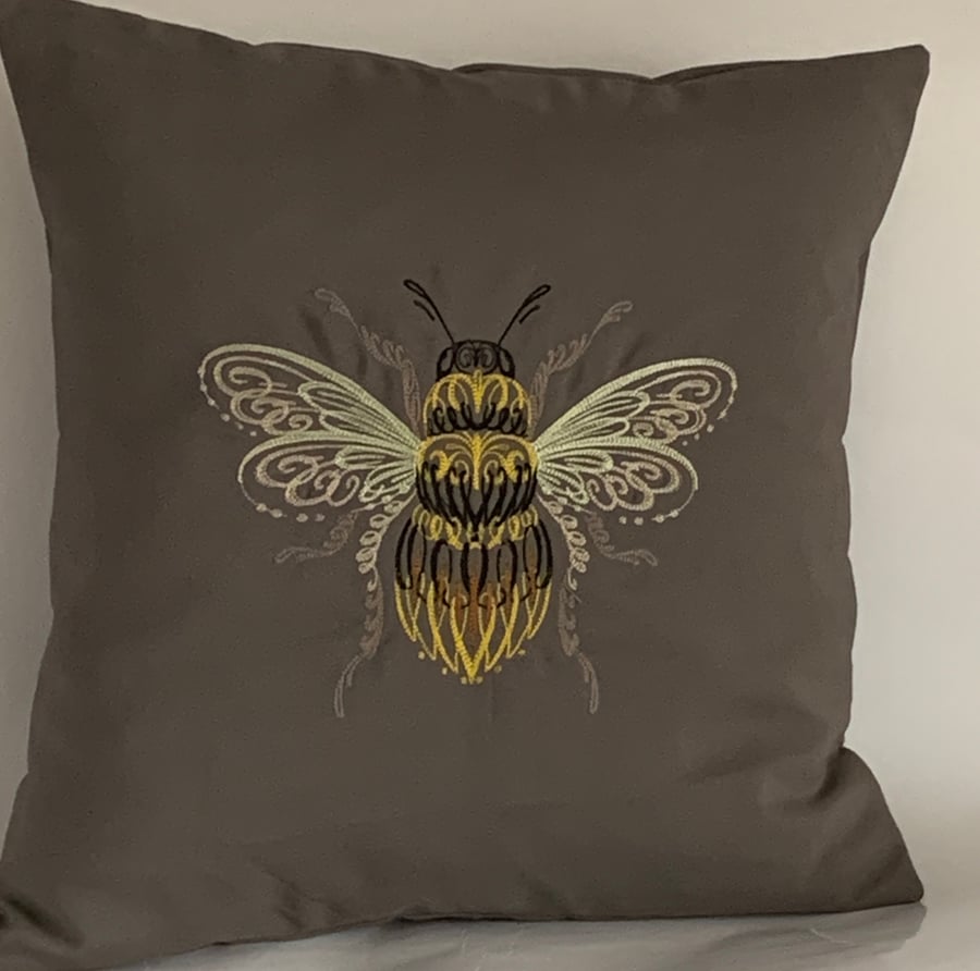 Swirl Winged Bee Embroidered Cushion Cover GREY 14”x14”, Gift Idea 