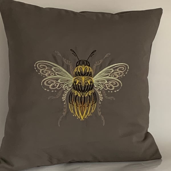 Swirl Winged Bee Embroidered Cushion Cover GREY