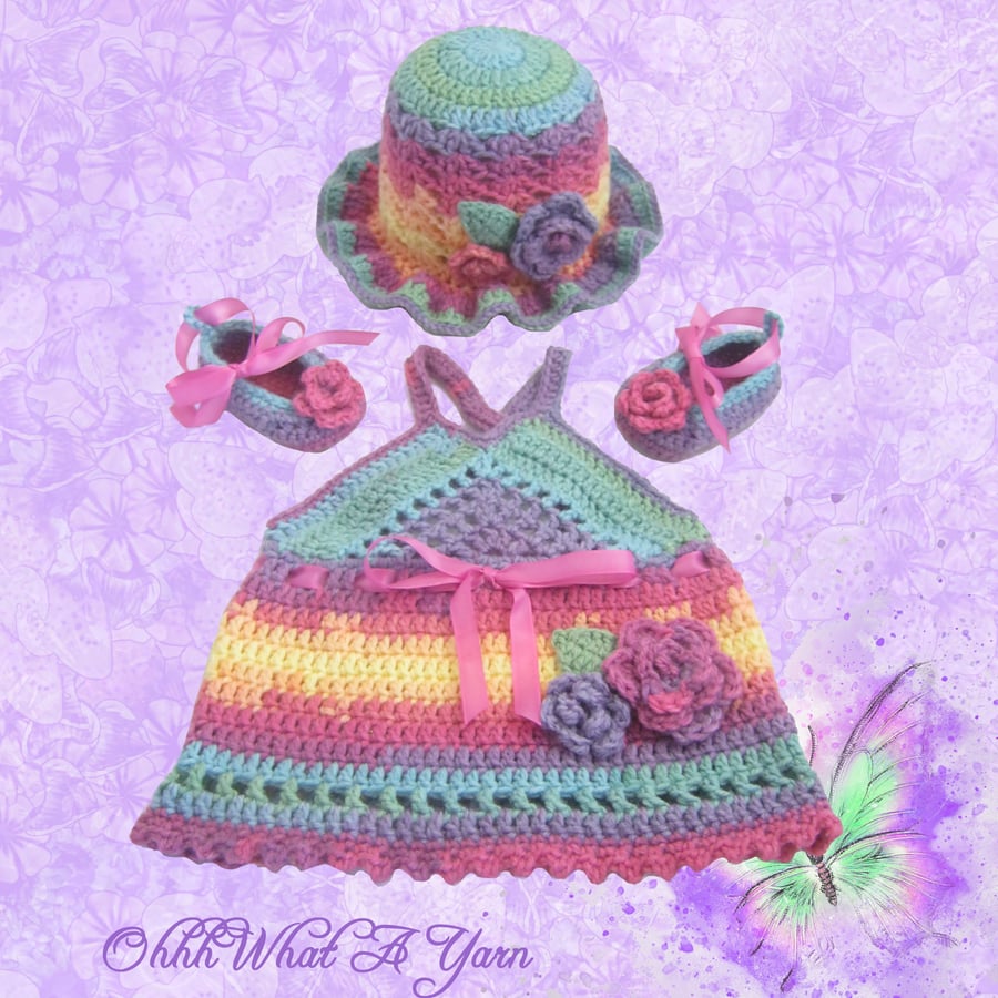 Crochet baby girls rainbow sun dress hat and shoes