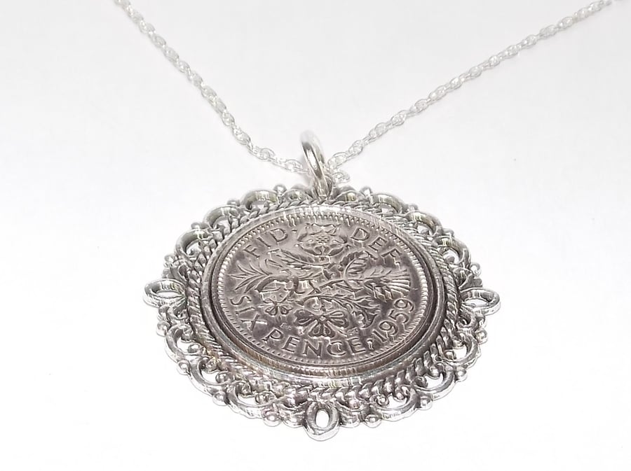 Fancy Pendant 1959 Lucky sixpence 65th Birthday plus 18in Chain, 65th gift idea,