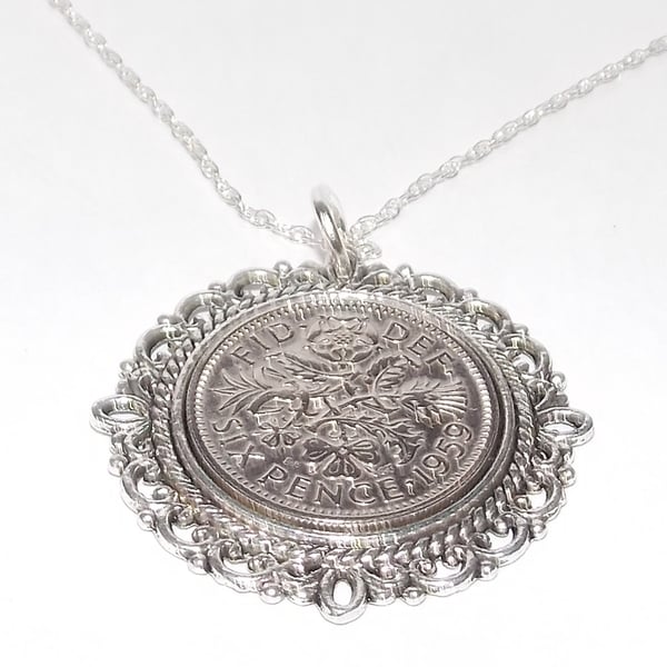 Fancy Pendant 1959 Lucky sixpence 65th Birthday plus 18in Chain, 65th gift idea,