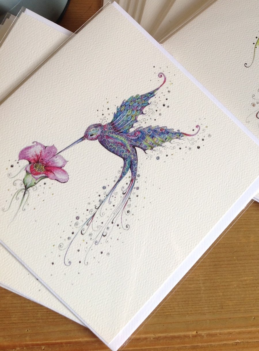 Greeting card (blank inside) Purple Humming bird