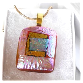 Dichroic Glass Pendant 221Amber Pink Gold Handmade with gold plated chain