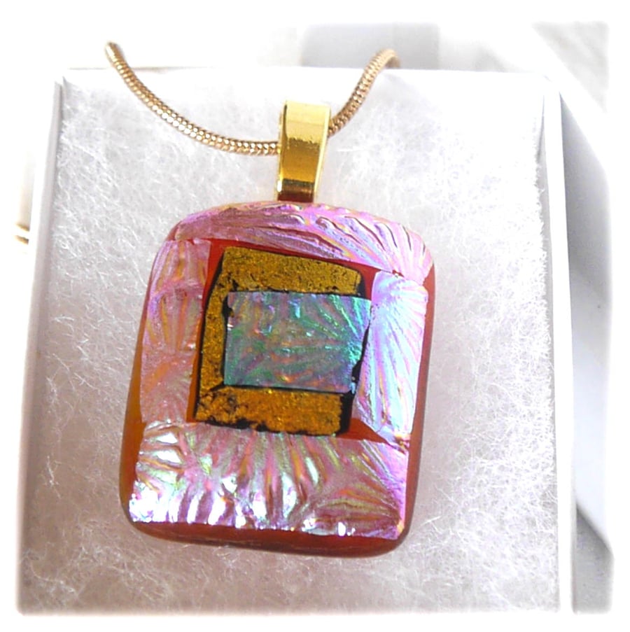 Dichroic Glass Pendant 221Amber Pink Gold Handmade with gold plated chain
