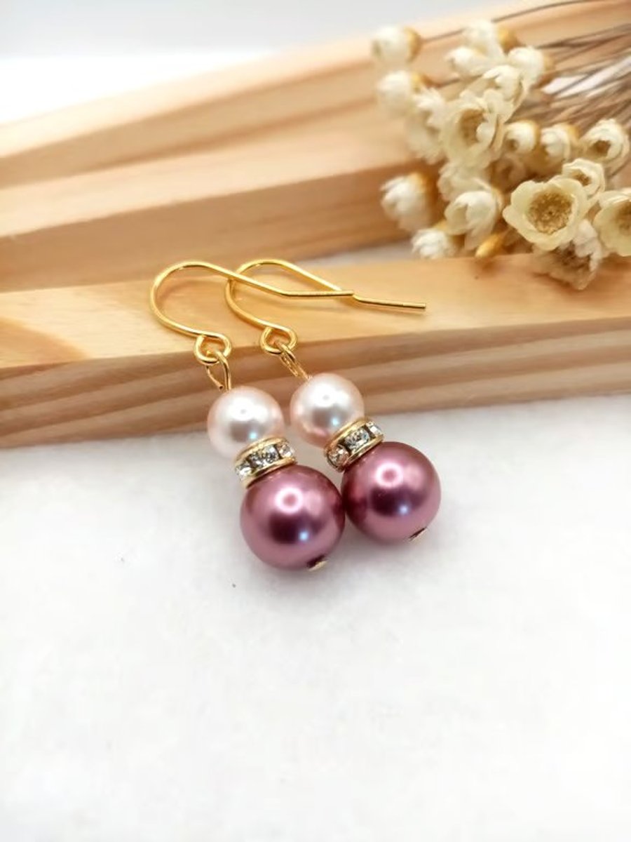 Pearl Earrings - Pink Pearl Earrings with Diamanté Crystal Rondelles