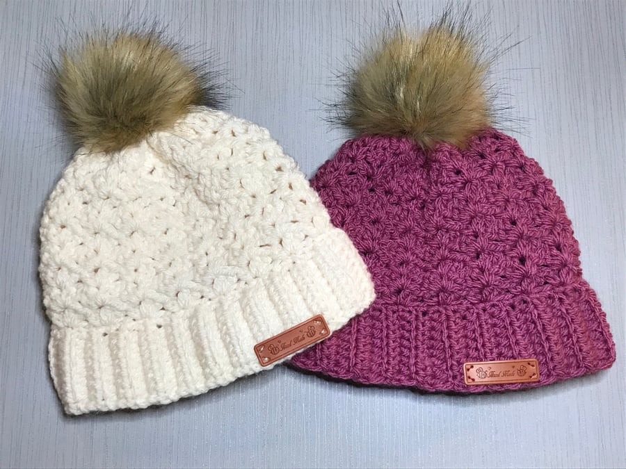 Crochet Kit Bobble Hats with faux fur pom pom