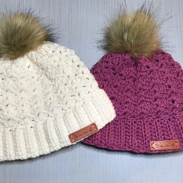 Crochet Kit Bobble Hats with faux fur pom pom