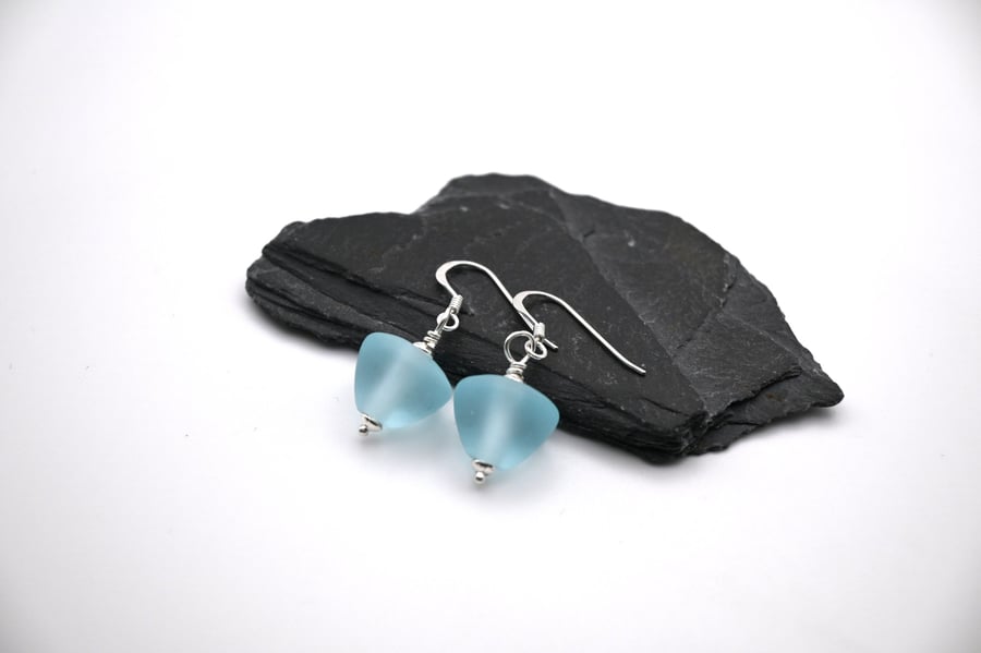 lampwork glass blue frosted cone earrings