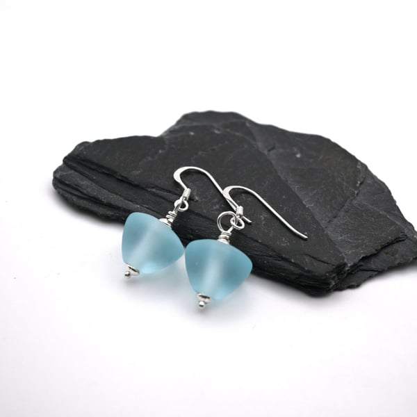 lampwork glass blue frosted cone earrings