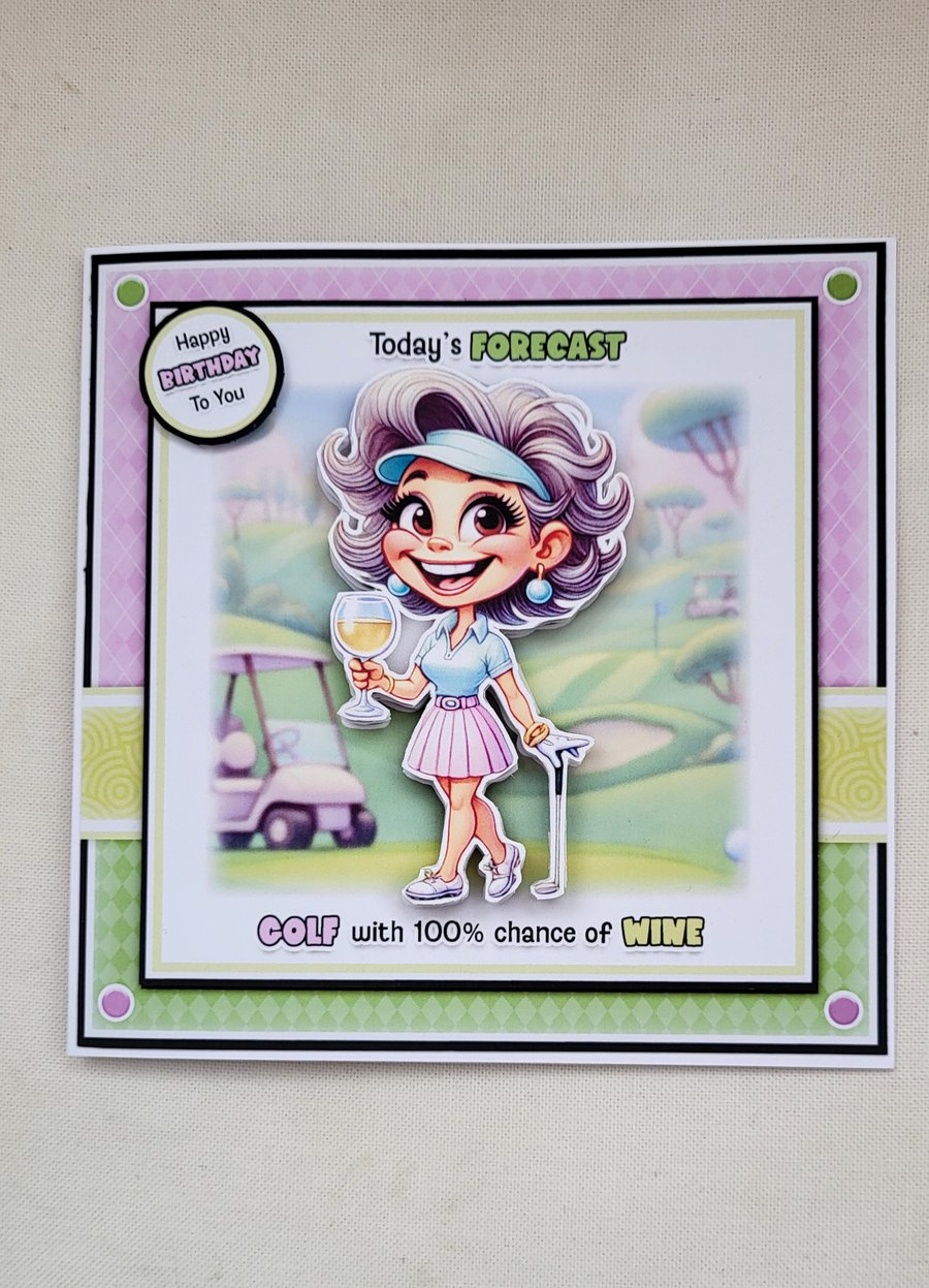 Handmade greeting card, lady golfer card, 