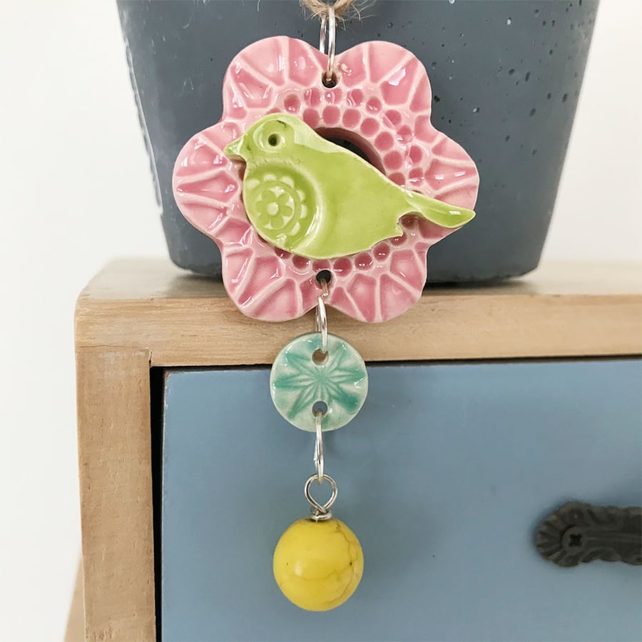 Teeny bird and flower dangly decoration or pendant