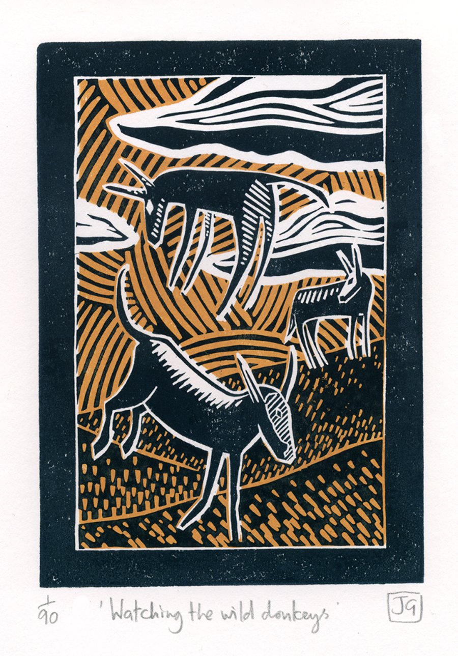 Watching The Wild Donkeys two-colour linocut print