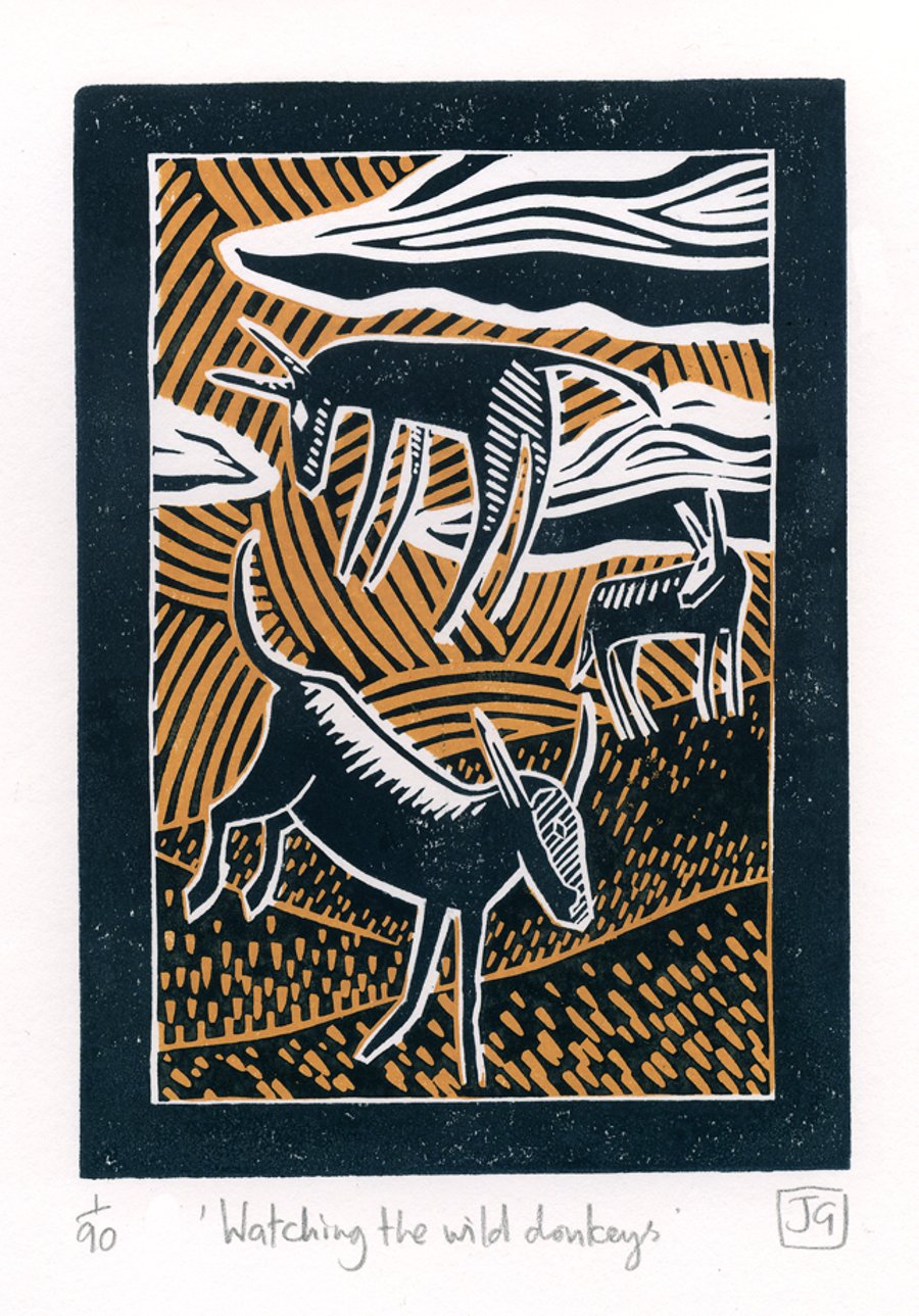 Watching The Wild Donkeys two-colour linocut print