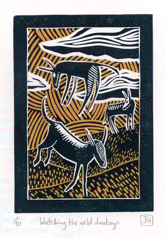Watching The Wild Donkeys two-colour linocut print