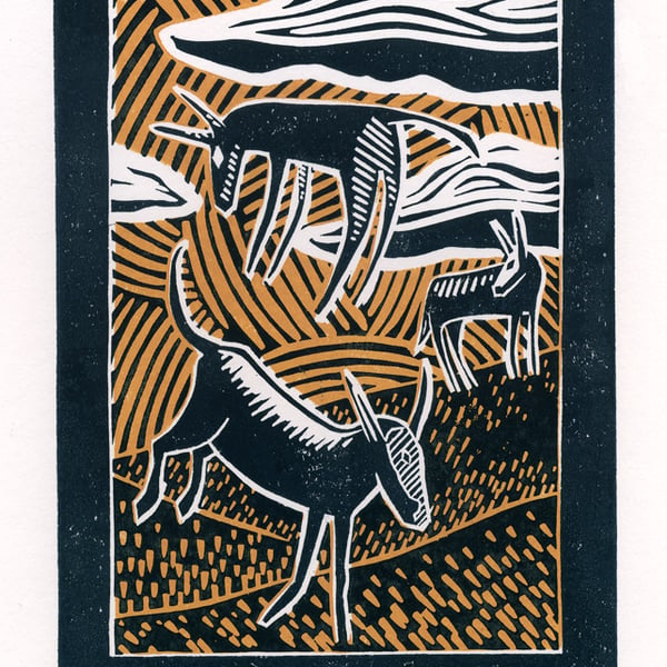 Watching The Wild Donkeys two-colour linocut print