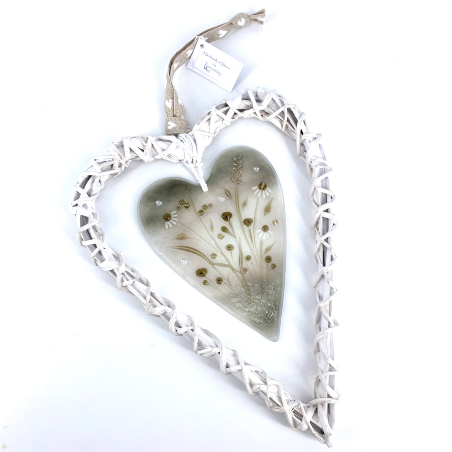 Glass Heart with Delicate Wild Flowers in Wicker Heart on Ribbon
