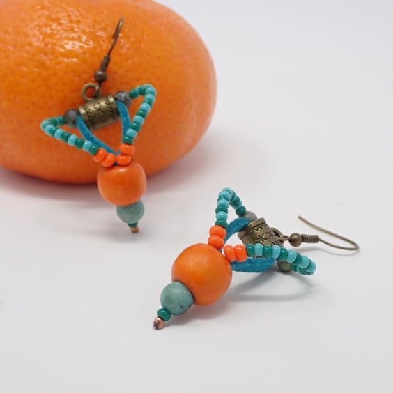 Turquoise and Orange Beaded Dangle Earrings