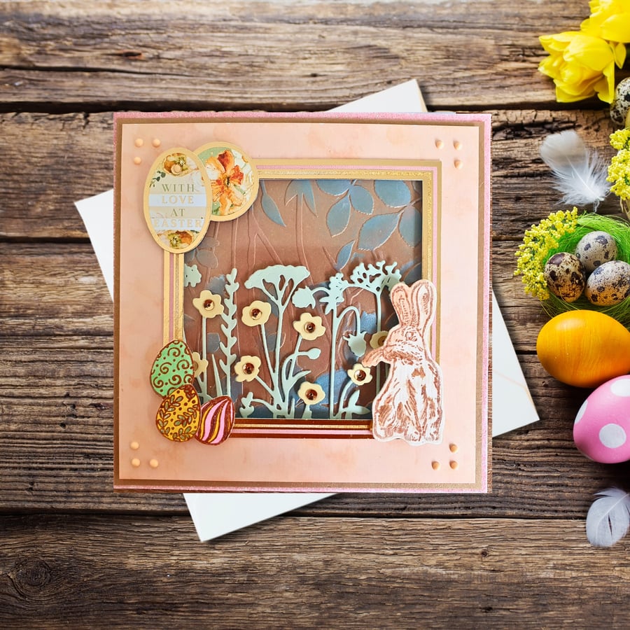 "With Love At Easter" Greeting Card, Easter Wishes, Easter Bunny & Eggs