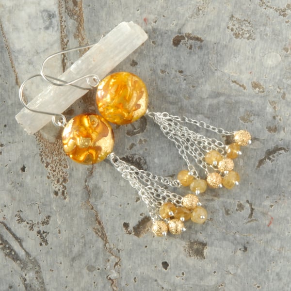 Sterling silver earrings with gold foil murano glass and yellow sapphires