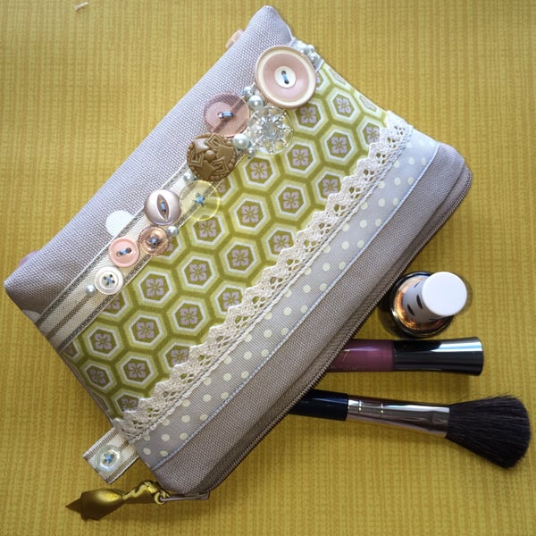 Make Up Bag, Cosmetics Bag, Toiletry Bag with Vintage Buttons, Ribbon and Lace