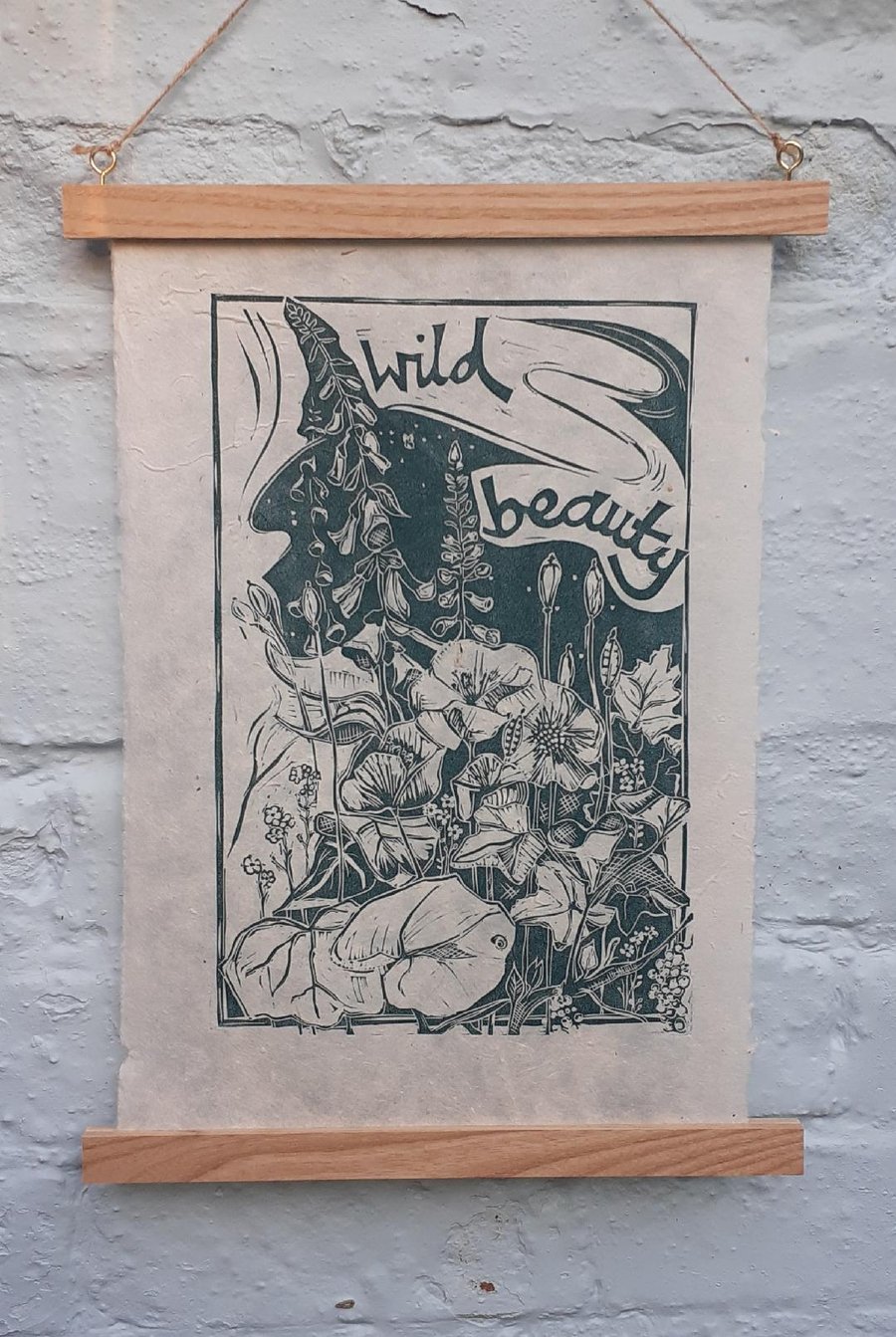 'Wild Beauty', Lino Print in Green on Lokta Paper (VE2)