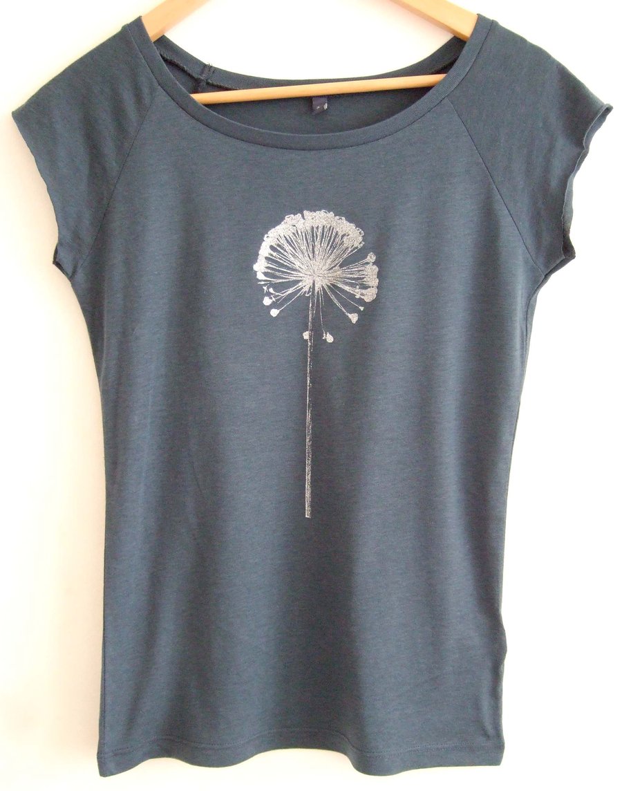 Allium womens printed T shirt denim blue and silver bamboo and organic cotton