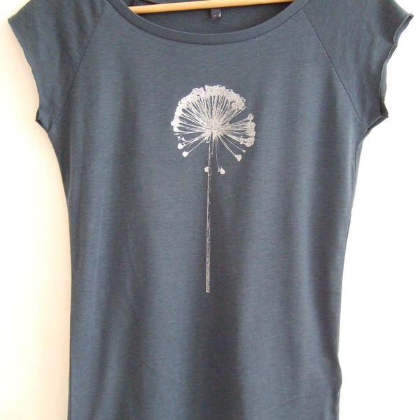 Allium womens printed T shirt denim blue and silver bamboo and organic cotton