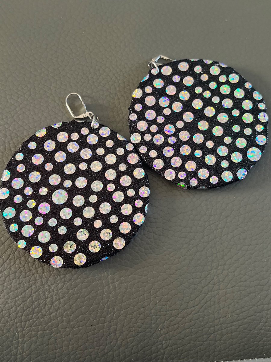 Handmade Black Glitter Disc Earrings - Iridescent Polka Dot Statement Drops 