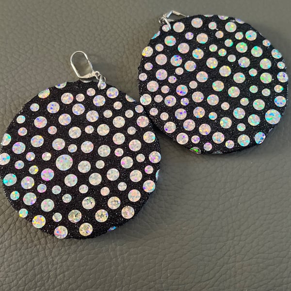 Handmade Black Glitter Disc Earrings - Iridescent Polka Dot Statement Drops 