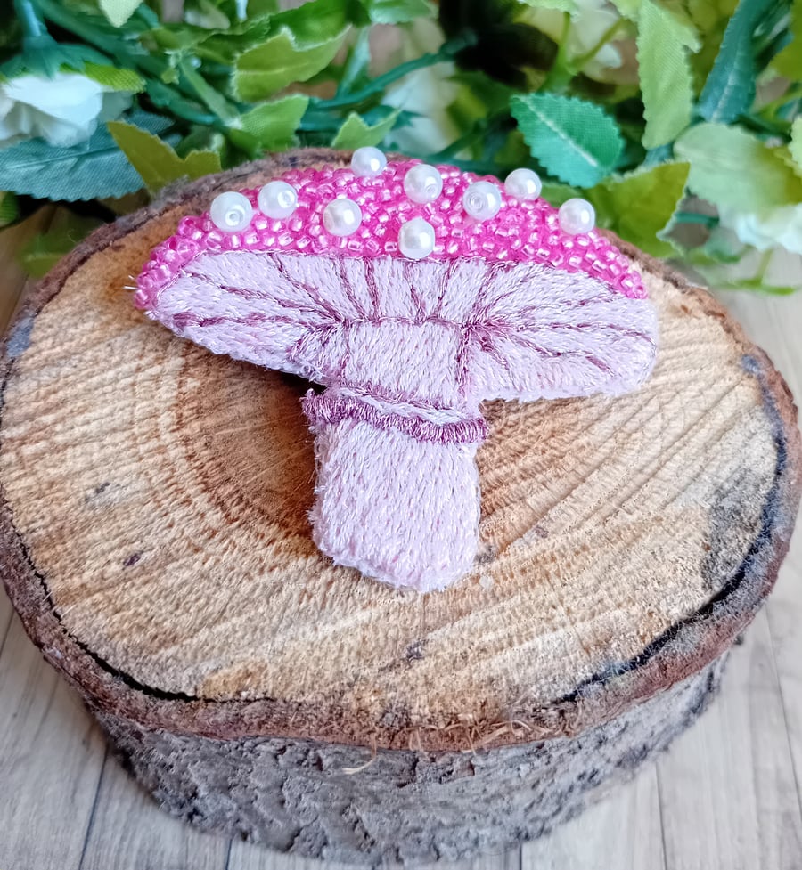 Hand Embroidered Mushroom Brooch