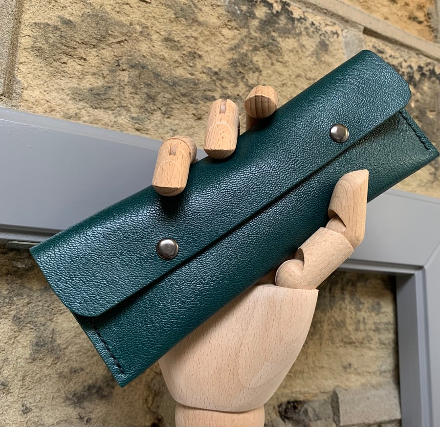 Multi purpose handmade green leather unisex pouch 