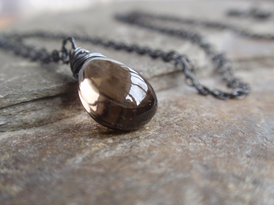 Gorgeous smokey quartz necklace with black oxidised sterling silver, brown grey