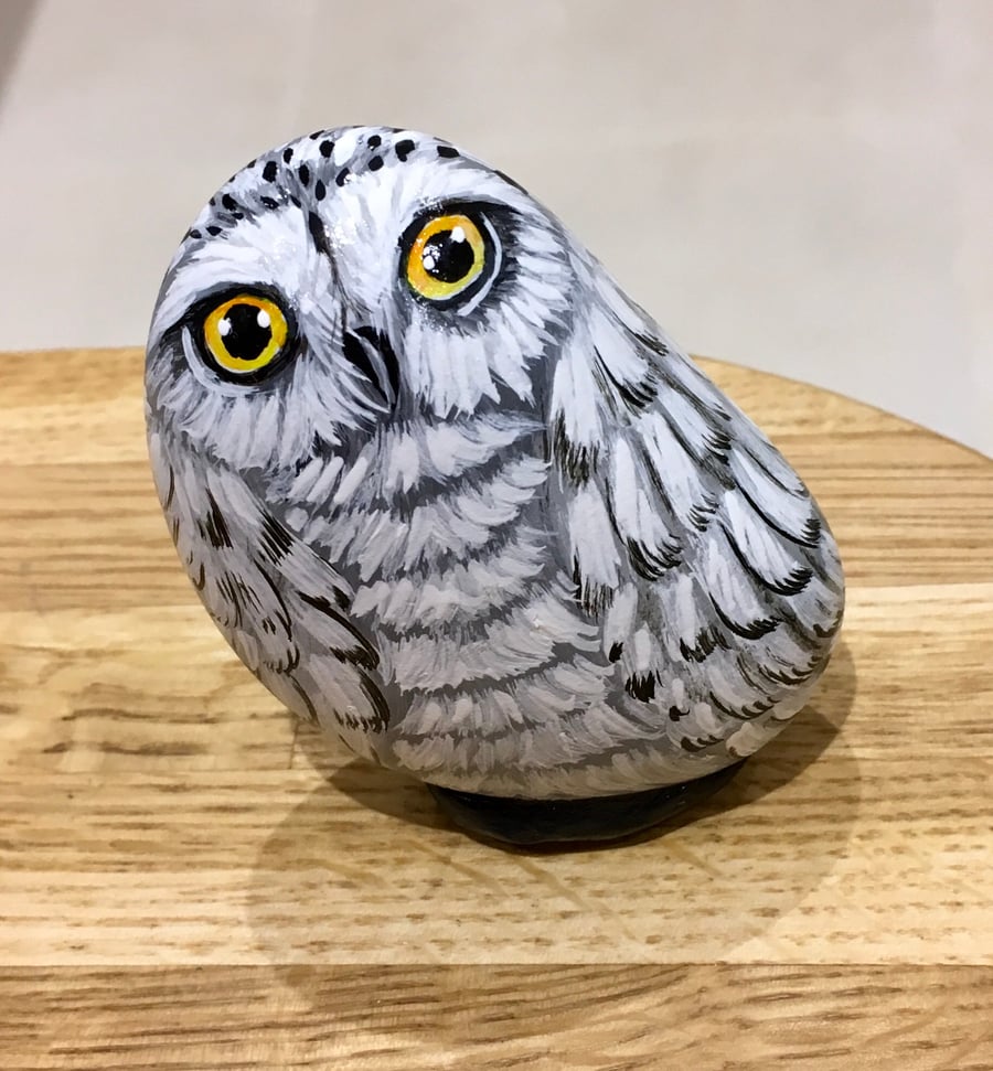Owl hand painted pebble garden rock art wildlife bird 