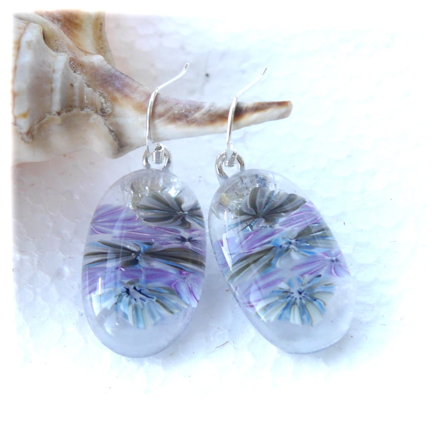 Earrings Fused Glass Millefioiri Handmade M006 Purple Green Flowers