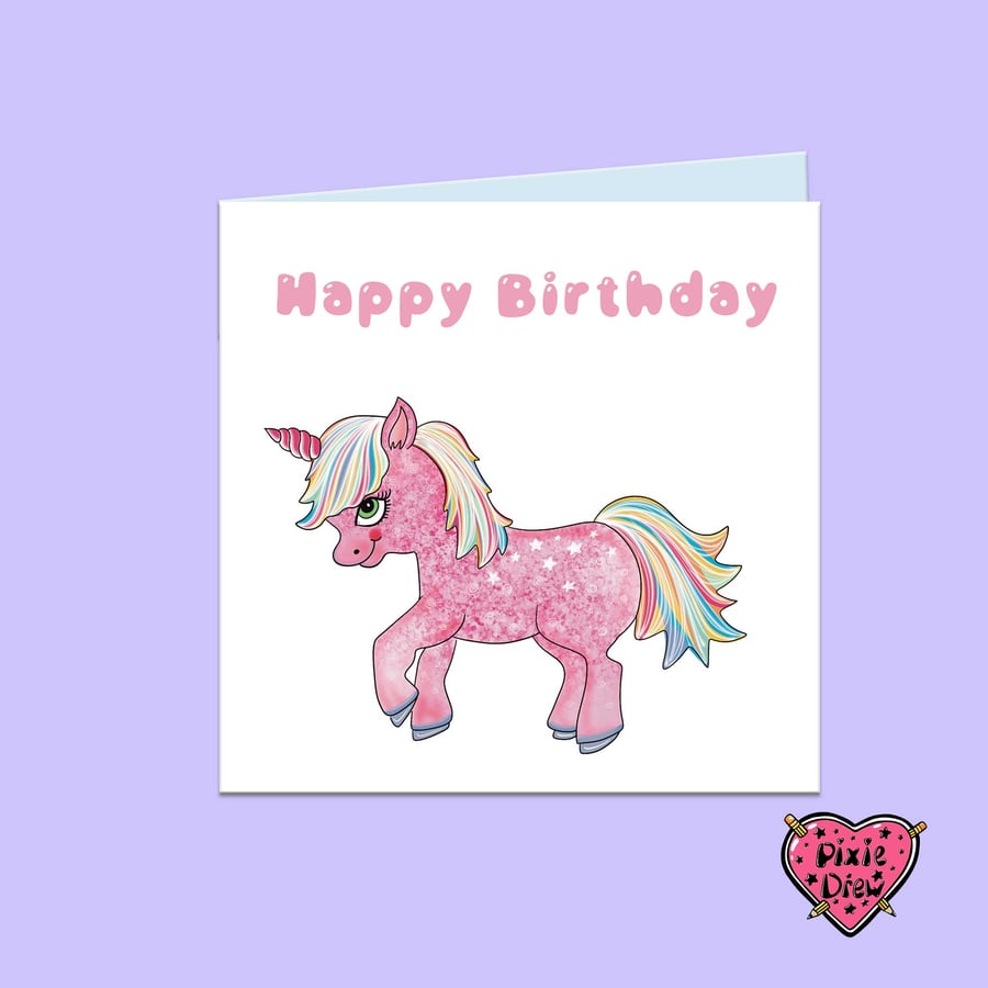 Personalised Unicorn Birthday Card, Pink Hand Drawn Unicorn illustration