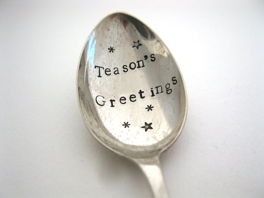 Excruciating Xmas Tea Pun Spoon, Teasons Greetings, Handstamped Teaspoon