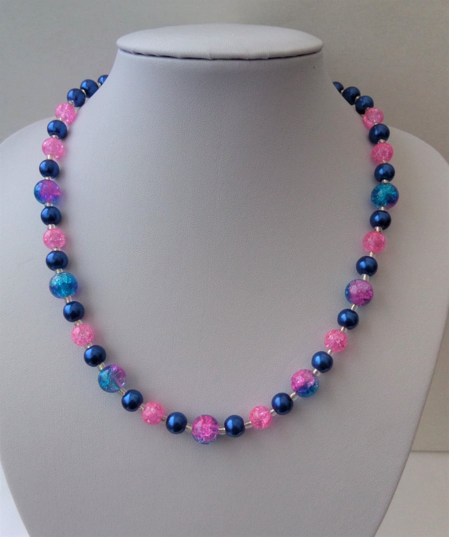 Blue glass pearl and pink crackle bead necklace