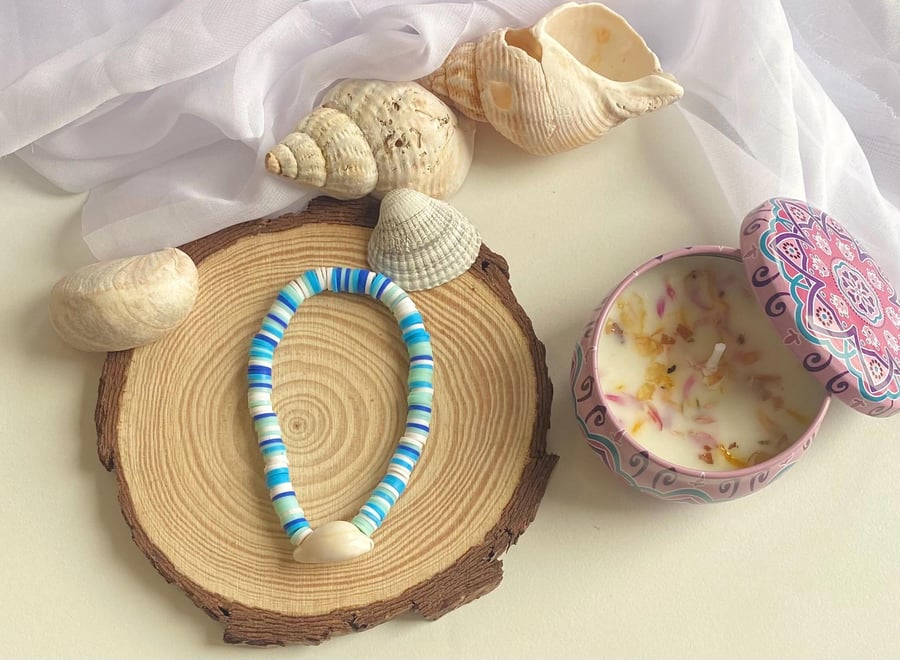 Handmade Ocean Shell Clay Bead Bracelet Colorful Stretch Fit