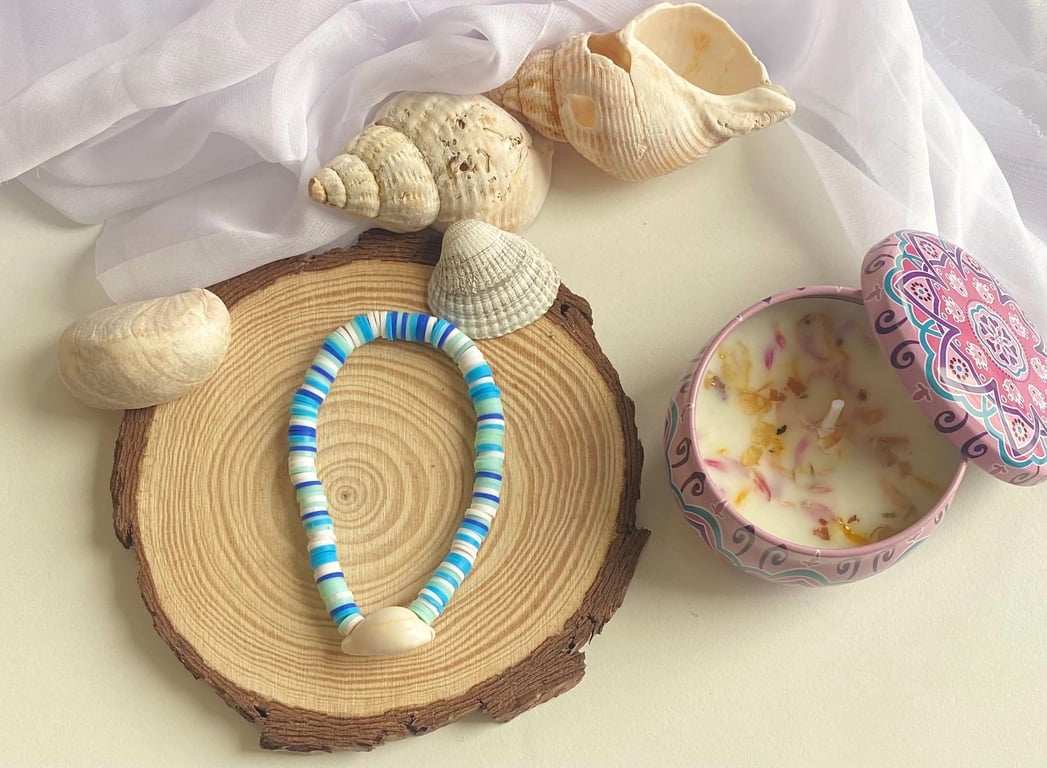 Handmade Ocean Shell Clay Bead Bracelet Colorful Stretch Fit