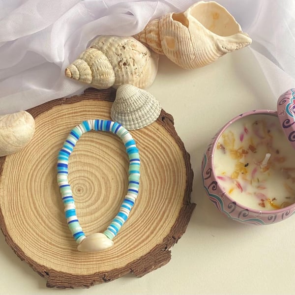 Handmade Ocean Shell Clay Bead Bracelet Colorful Stretch Fit