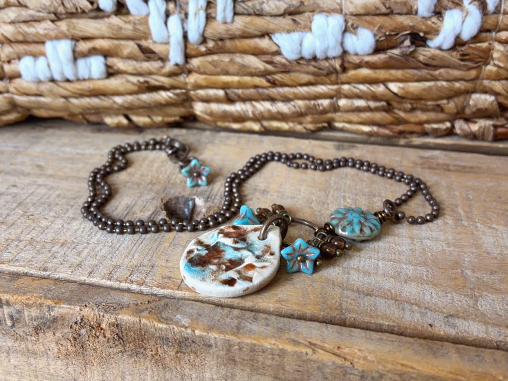 Artisan Ceramic Necklace with Czech Glass Flowers & Brass Chain