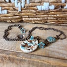 Artisan Ceramic Necklace with Czech Glass Flowers & Brass Chain