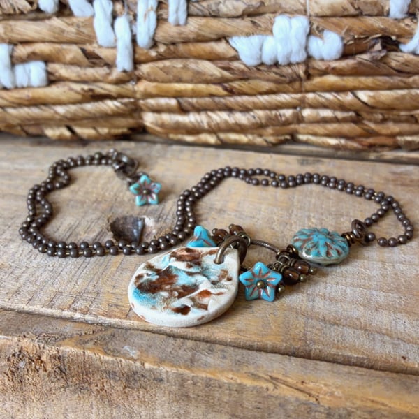 Artisan Ceramic Necklace with Czech Glass Flowers & Brass Chain