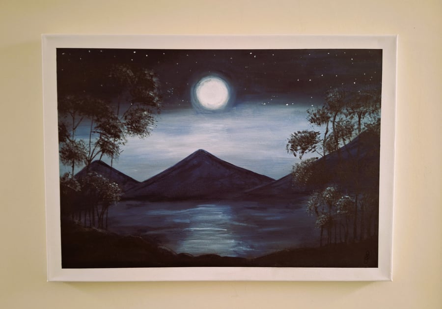 Original Painting - Landscape Paintings -"Midnight by the lake"