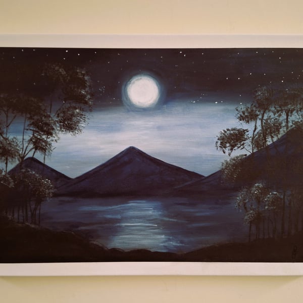 Original Painting - Landscape Art – Ready to Hang -"Midnight by the lake"