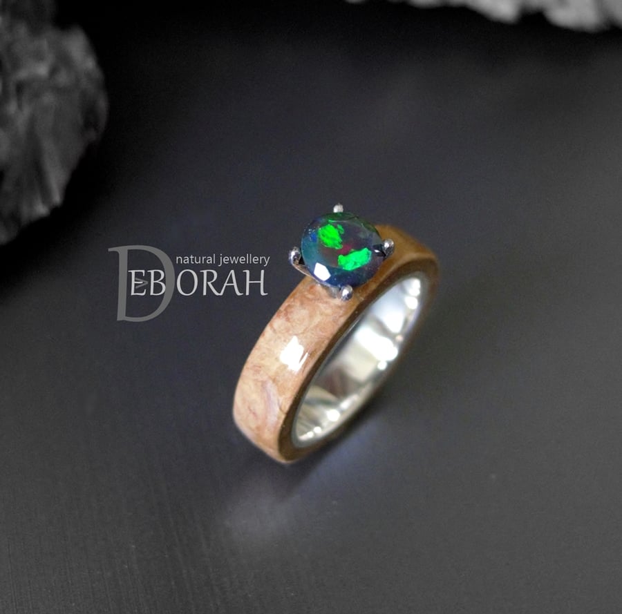 Ethiopian Black Fire Opal, Wood & Sterling Silver Engagement Ring
