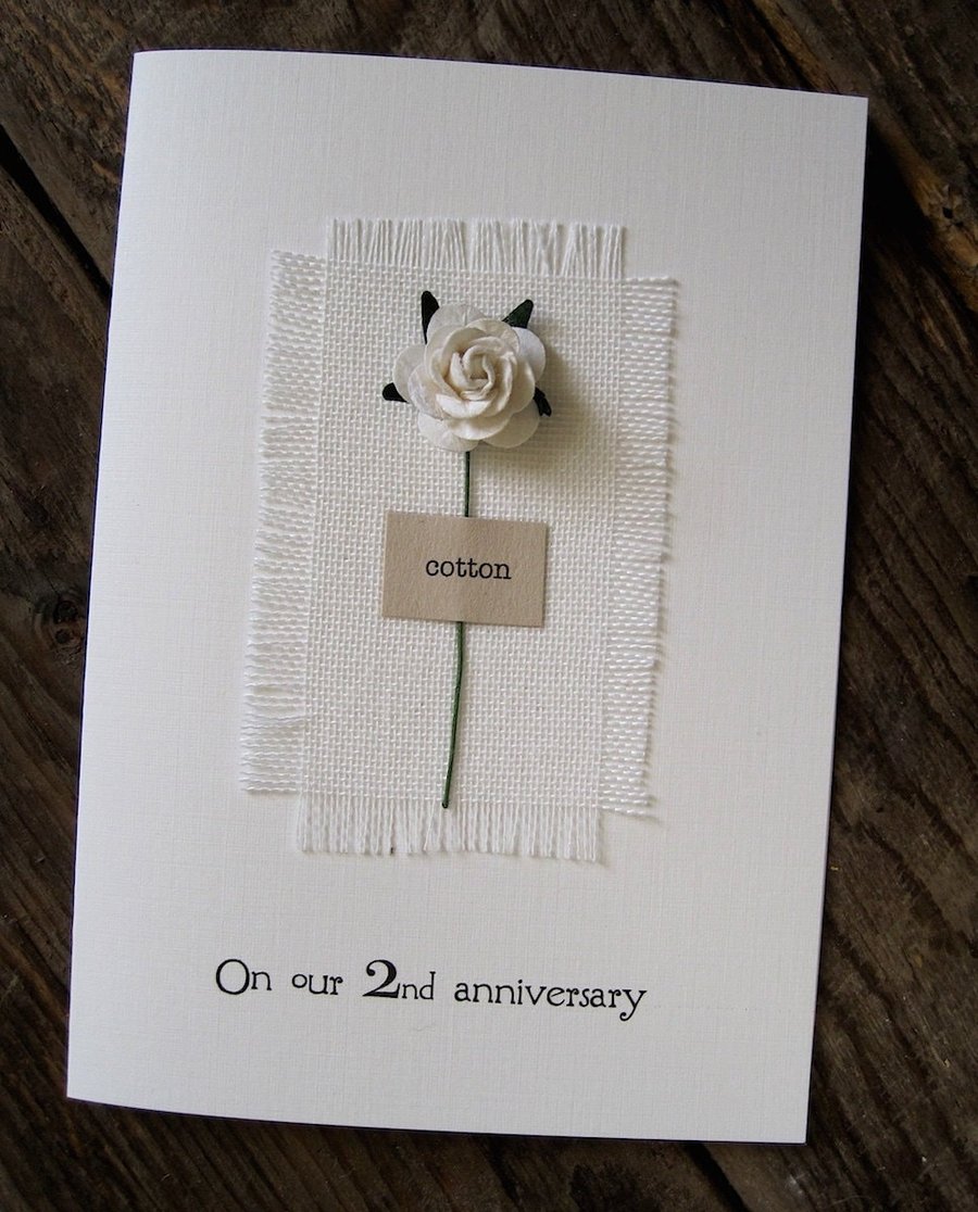 2nd Anniversary Card with Cotton Fabric and Single Red Rose